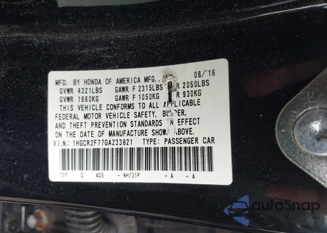 2016 Honda Accord Ex from USA, damaged, VIN 1HGCR2F77GA233821
